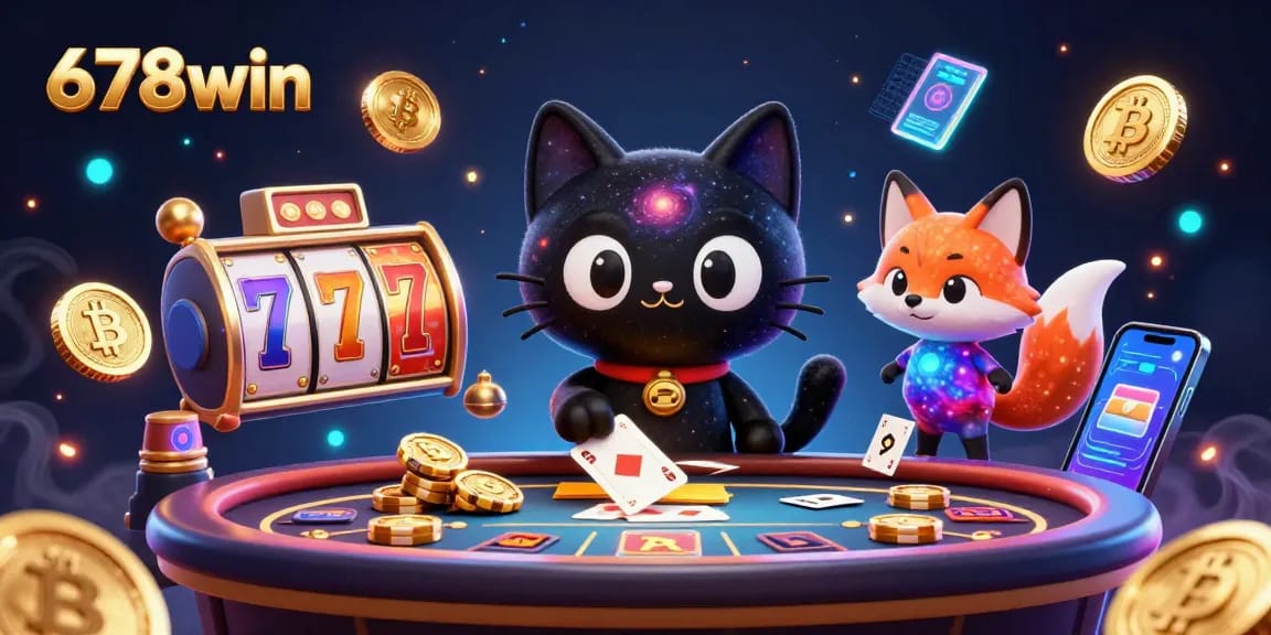 Engage in thrilling gameplay with 678win's cosmic casino featuring a black hole cat and a nebula fox.