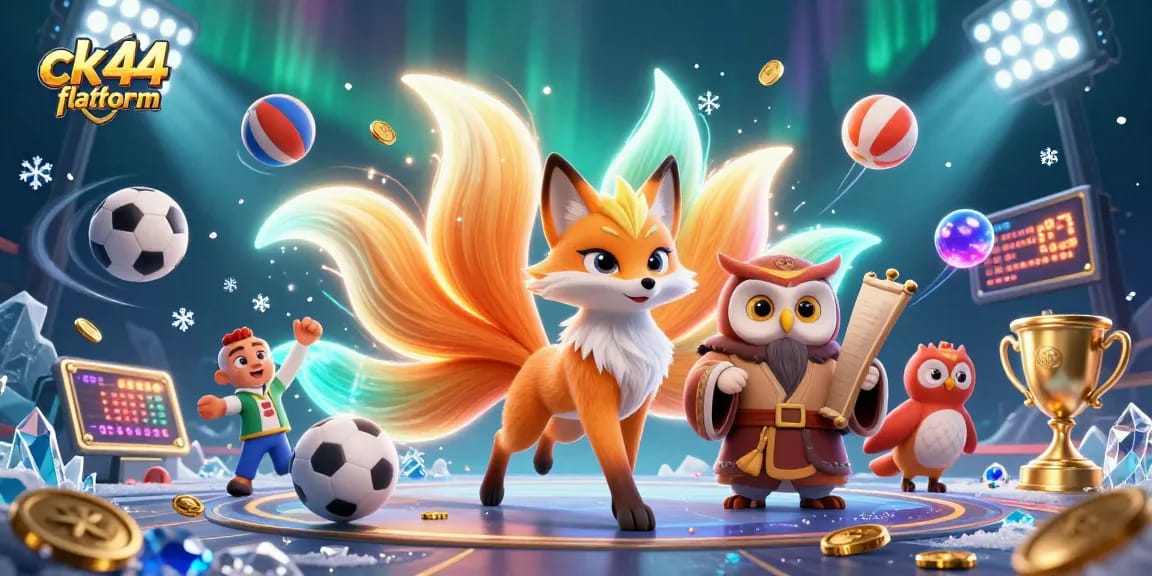 Engage with the ck44 flatform showcasing an enchanting scene of a glowing nine-tailed fox and wise owl amidst dynamic sports elements.