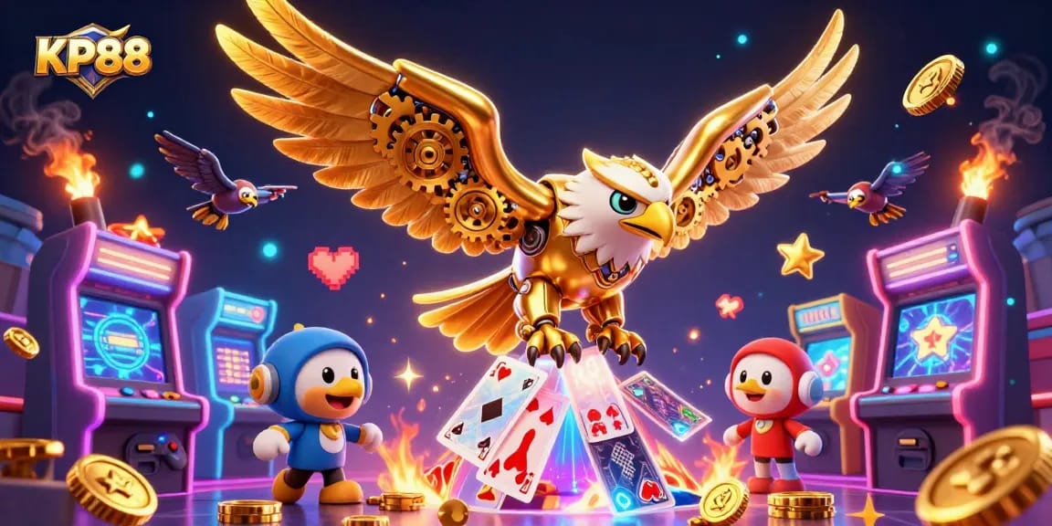 Experience exhilarating gameplay with KP88, featuring a cybernetic eagle and vibrant casino elements.