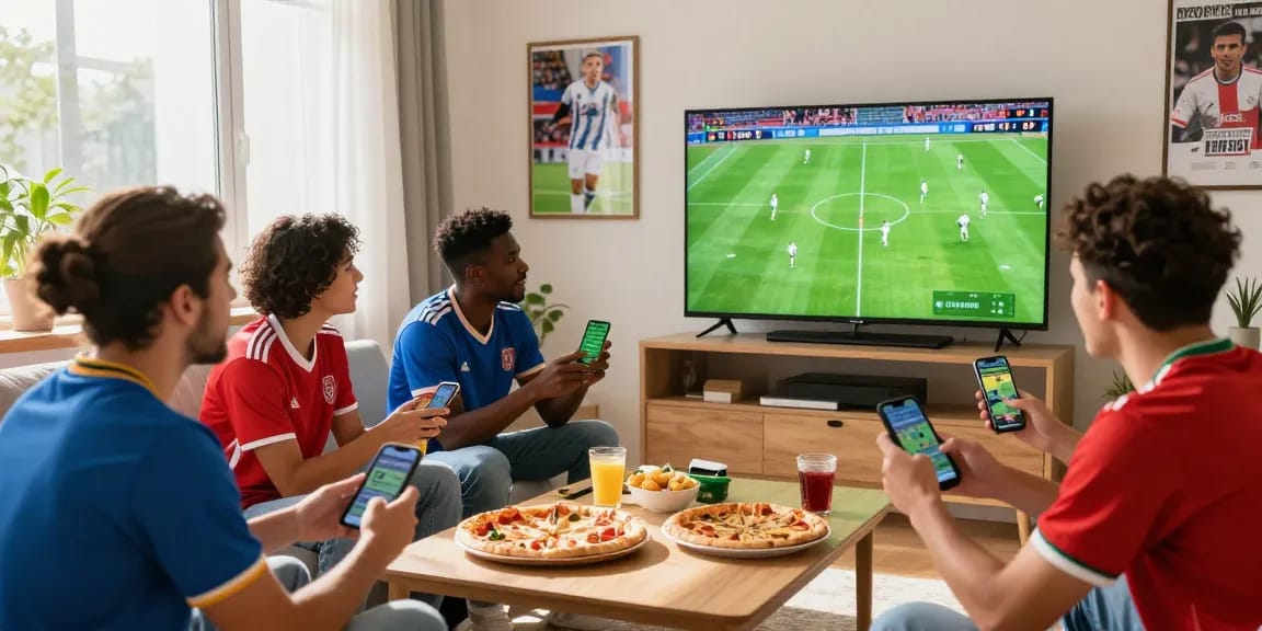 Freunde nutzen Fußball Wettanbieter während eines Live-Spiels in einem einladenden Wohnzimmer.