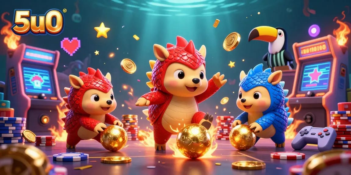 Experience a thrilling 5u0 casino game scene with rival pangolins and festive elements.