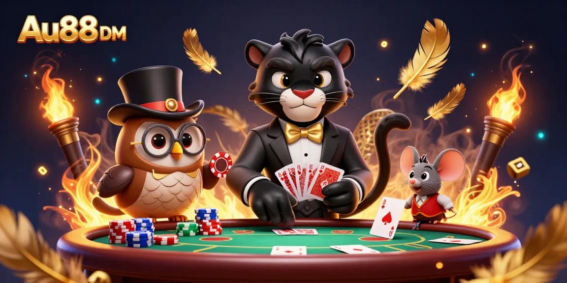 Experience the excitement of gambling at Au88 DM with a stylish panther dealer and vibrant poker scene.