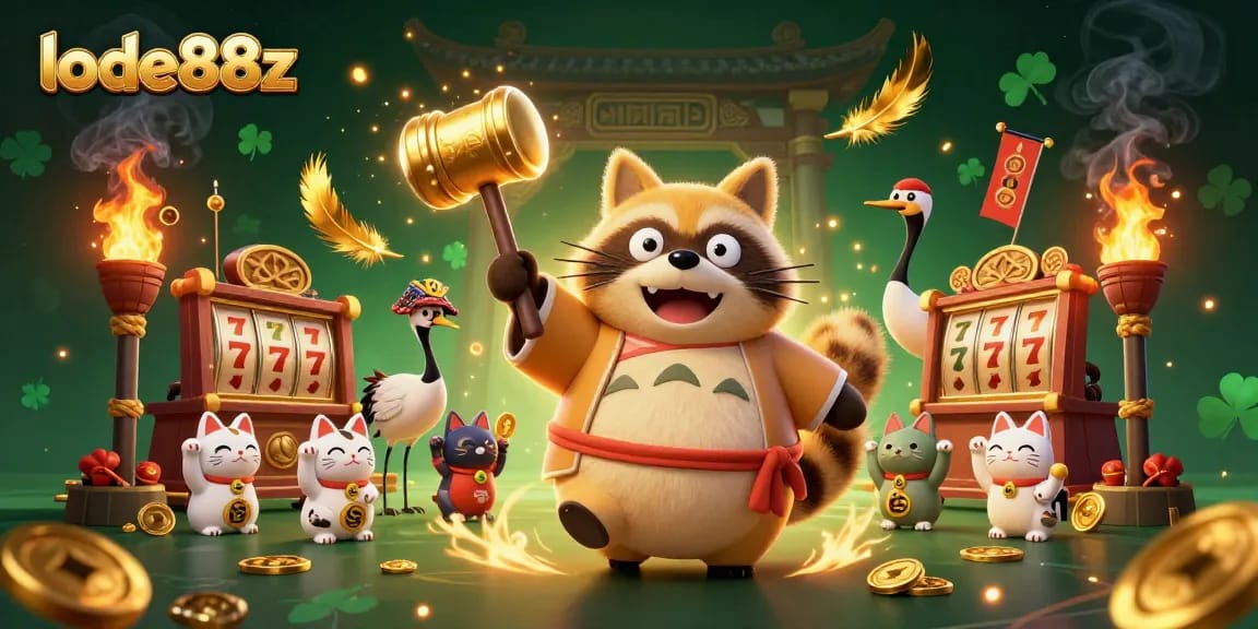 Experience lode88z excitement with cheerful tanuki and lucky symbols in a rich casino scene.