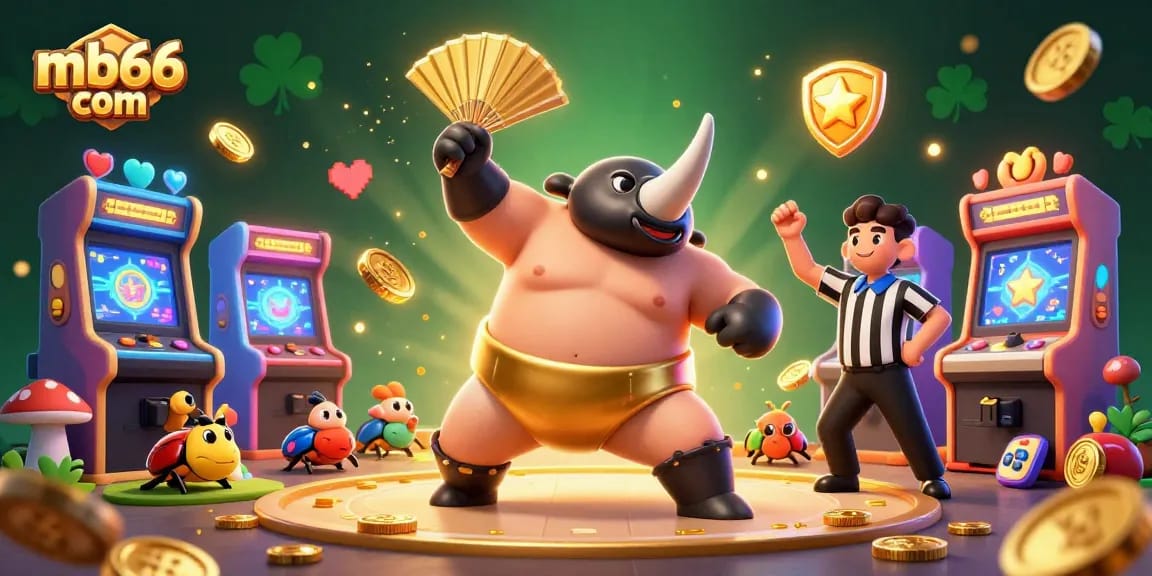 Experience the thrilling excitement of winning at mb66 com with a vibrant casino scene featuring a sumo champion beetle.