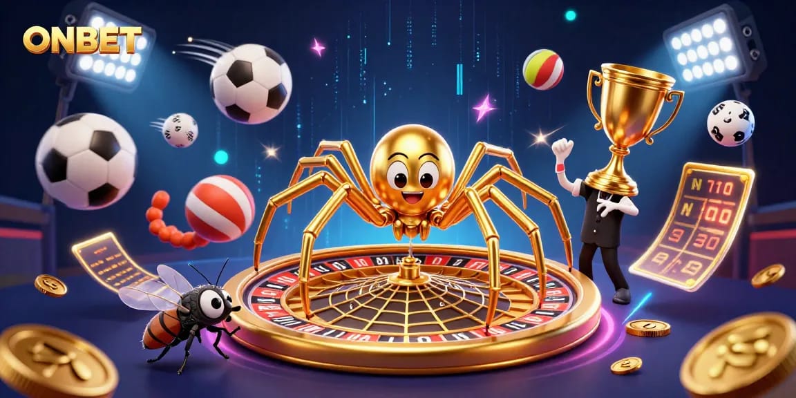 Engage with ONBET's thrilling casino atmosphere featuring a spider, fly, and centipede in a roulette setup.