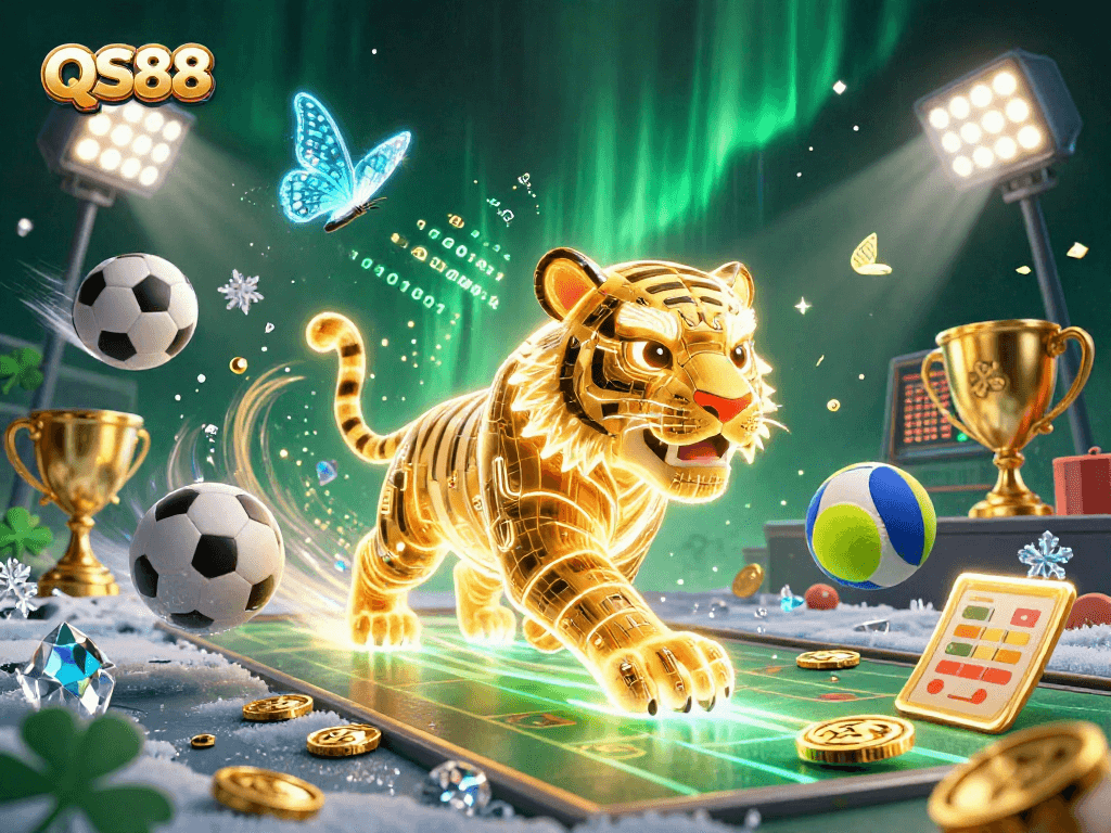 Experience the thrill of QS88 gaming with our dynamic casino illustration, featuring a golden tiger and holographic butterflies.