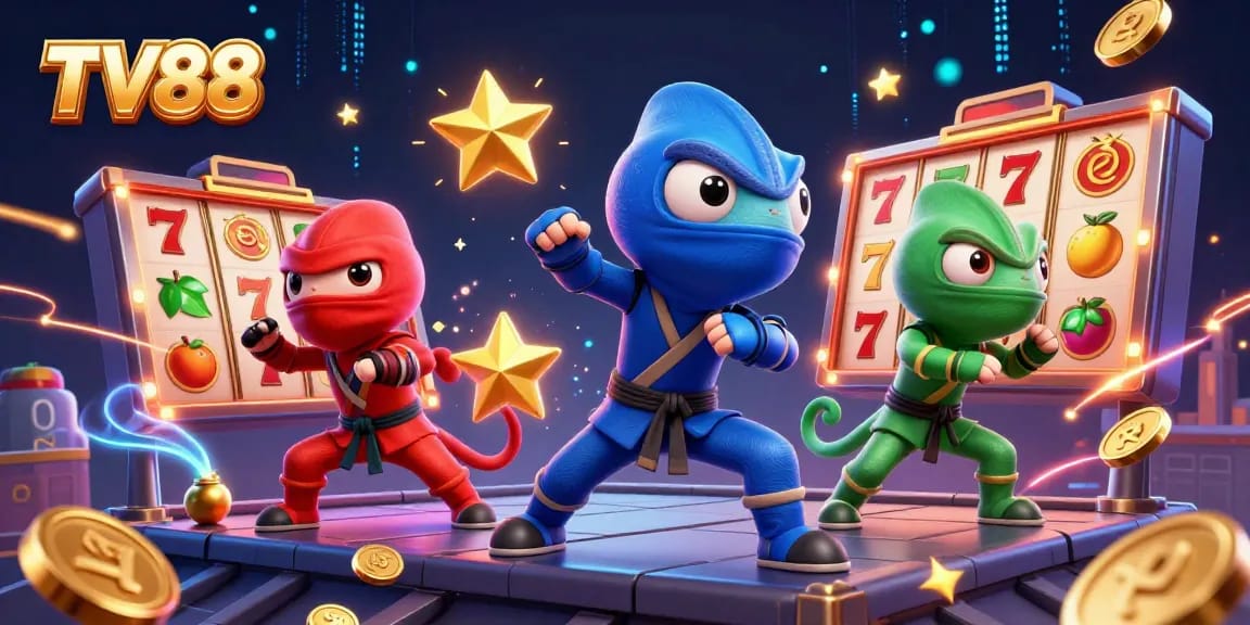 Experience the thrill of gaming with TV88's vibrant scene featuring ninja chameleons and dynamic slot elements.