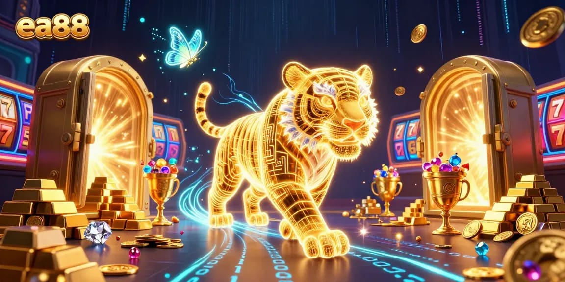 Experience the excitement of ea88 in a vibrant 3D casino scene with a golden tiger and treasures.