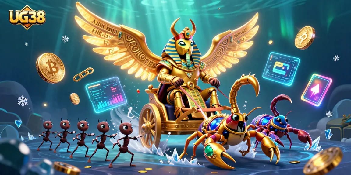 Engage in thrilling casino adventures with UG38's vibrant depiction of a golden scarab beetle.