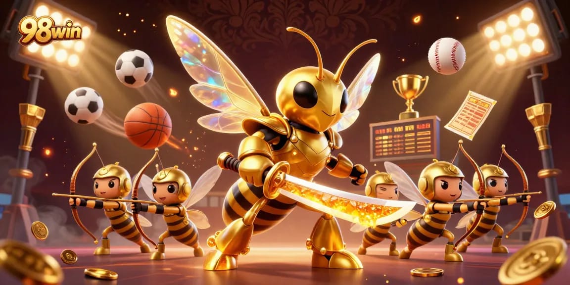 Join the action at 98win with a golden hornet and bee archers amidst dynamic sports betting elements.