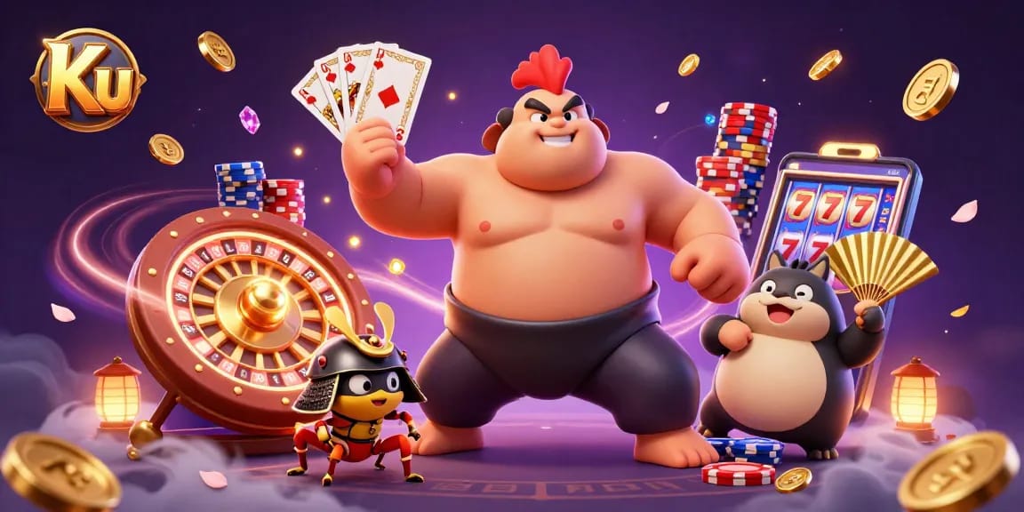 Win with Ku at the vibrant online casino featuring powerful characters and sparkling elements.