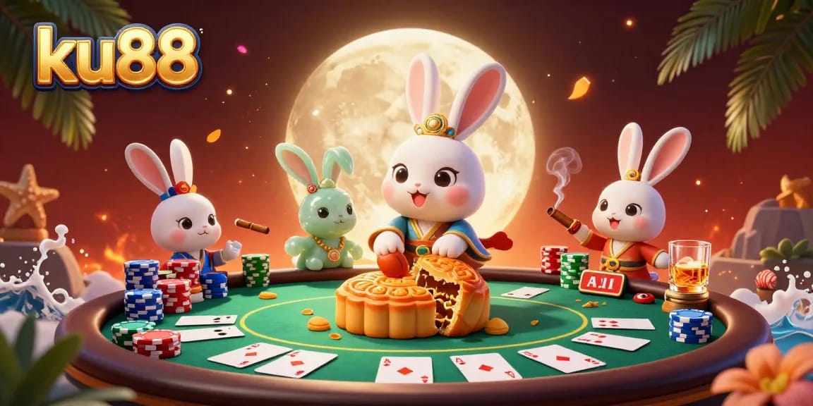 ku88 showcases a moon rabbit revealing poker chips, embodying playful gambling excitement.