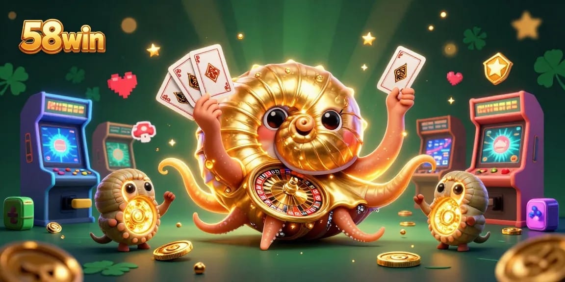 Experience the thrill of 58win with the giant nautilus, roulette, and vibrant gaming elements.