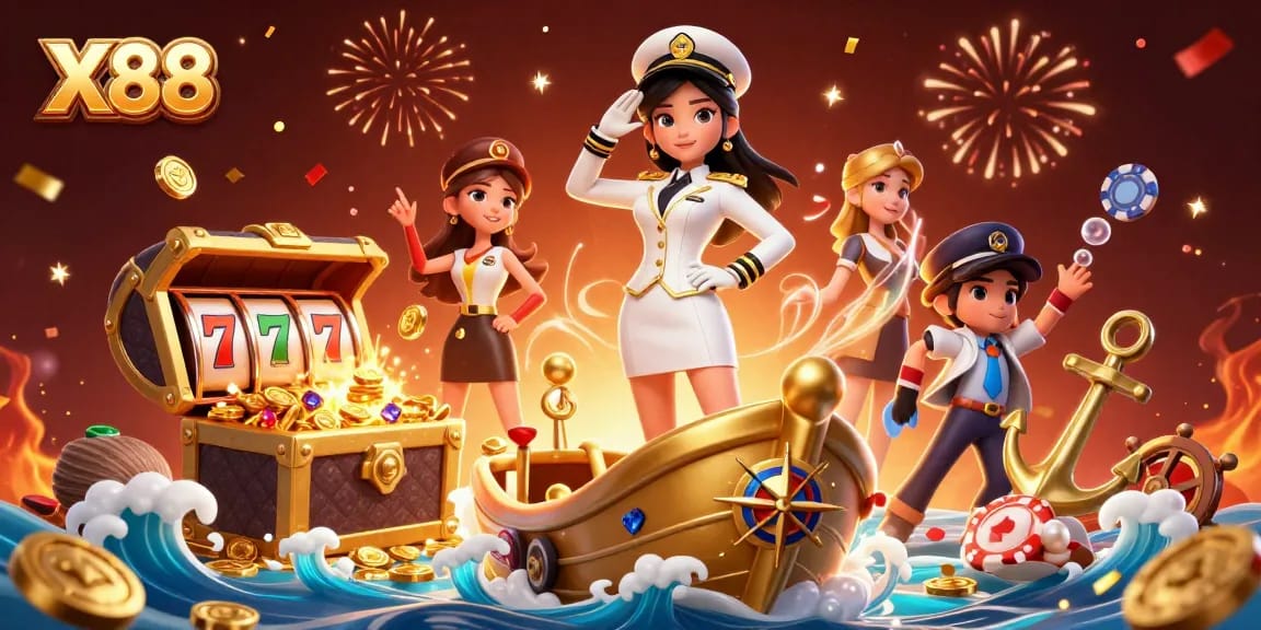 X88 showcases thrilling casino action with slot reels, coins, and a commanding figure in a vibrant 3D scene.