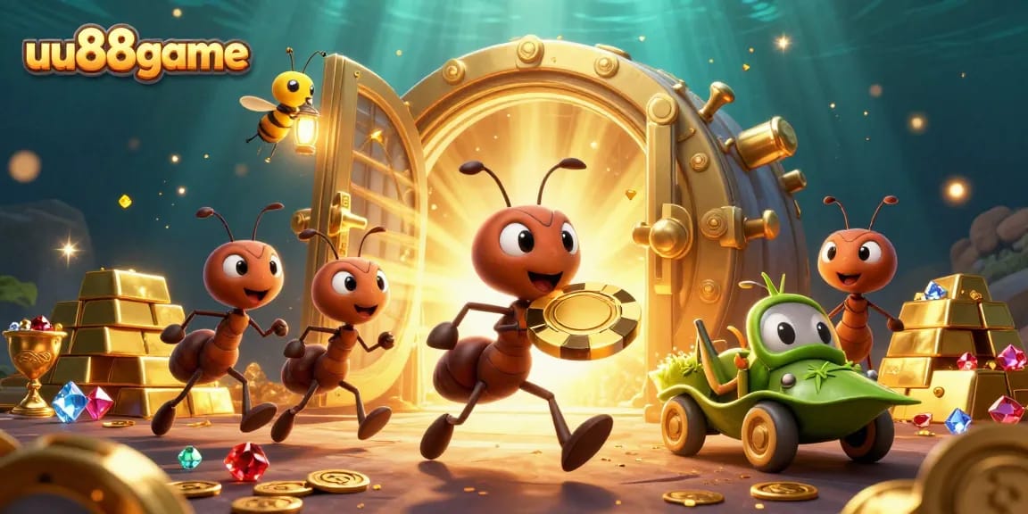 Join the heist in the vivid world of uu88game, where colorful ants transport a giant poker chip!