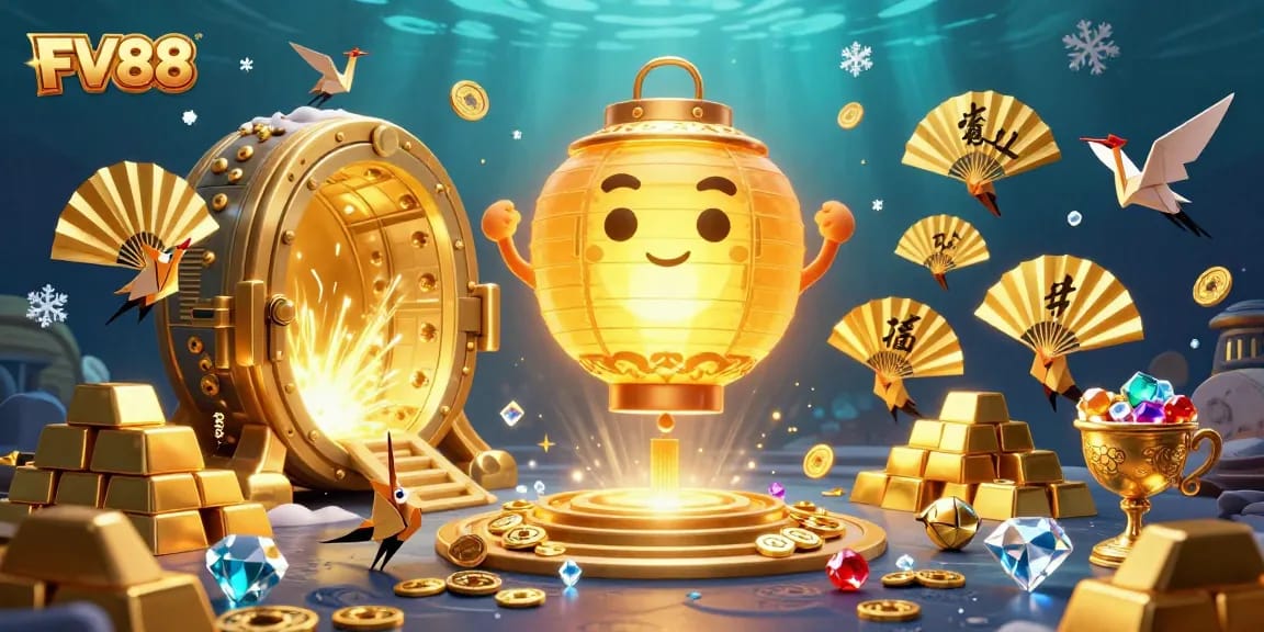 Experience the vibrant excitement of FV88 online casino with glowing lantern spirits and treasure-filled elements.