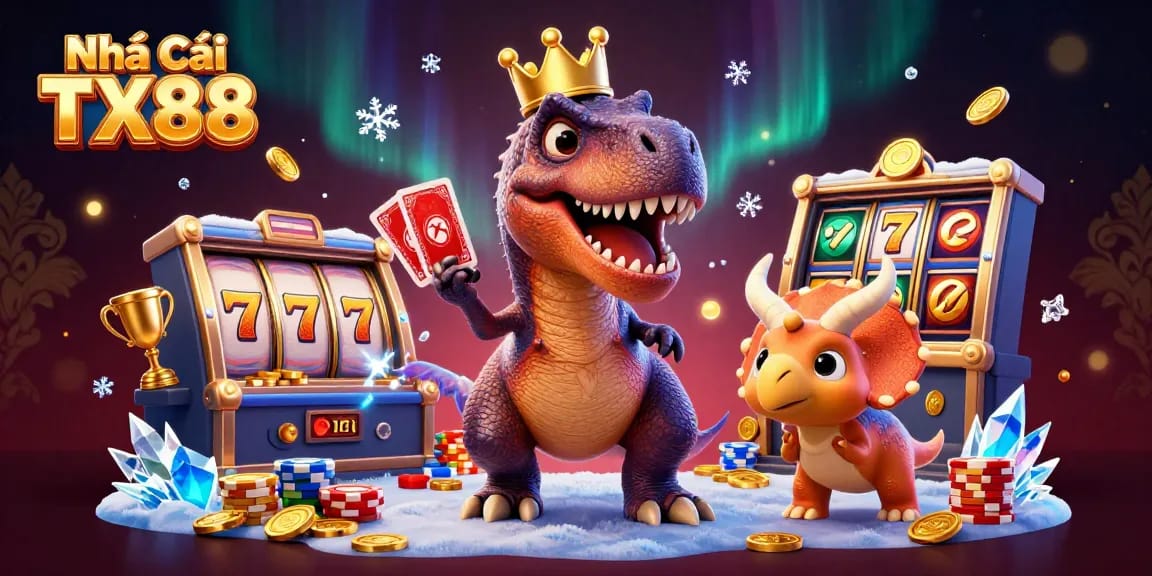 Engaging scene of Nhà Cái TX88 featuring a T-Rex and triceratops in a thrilling casino atmosphere.