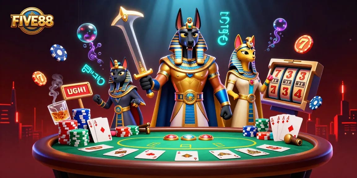 Experience the vibrant gaming atmosphere of FIVE88 with vivid slot reels and charismatic characters.