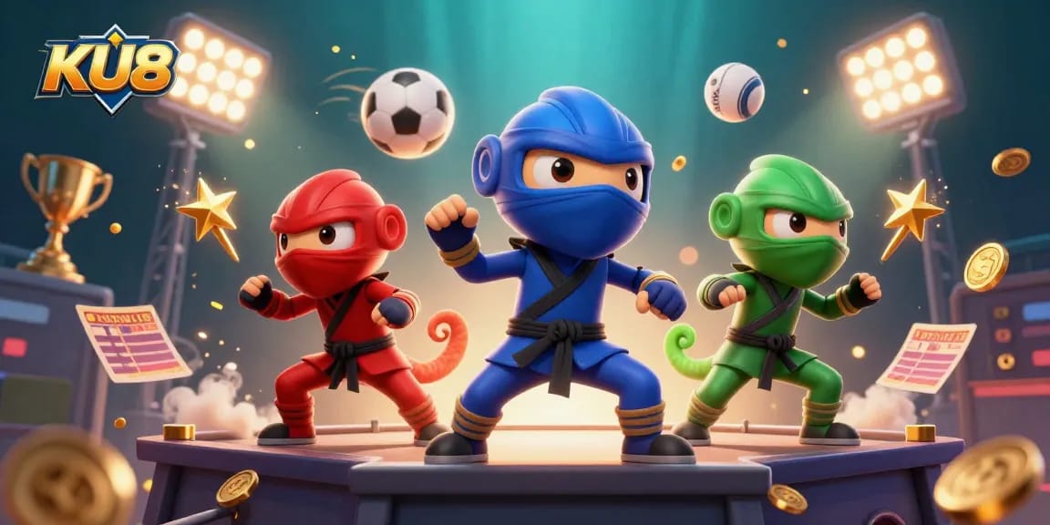 Engage with KU88's dynamic gambling scene featuring chameleons and flying sports elements.