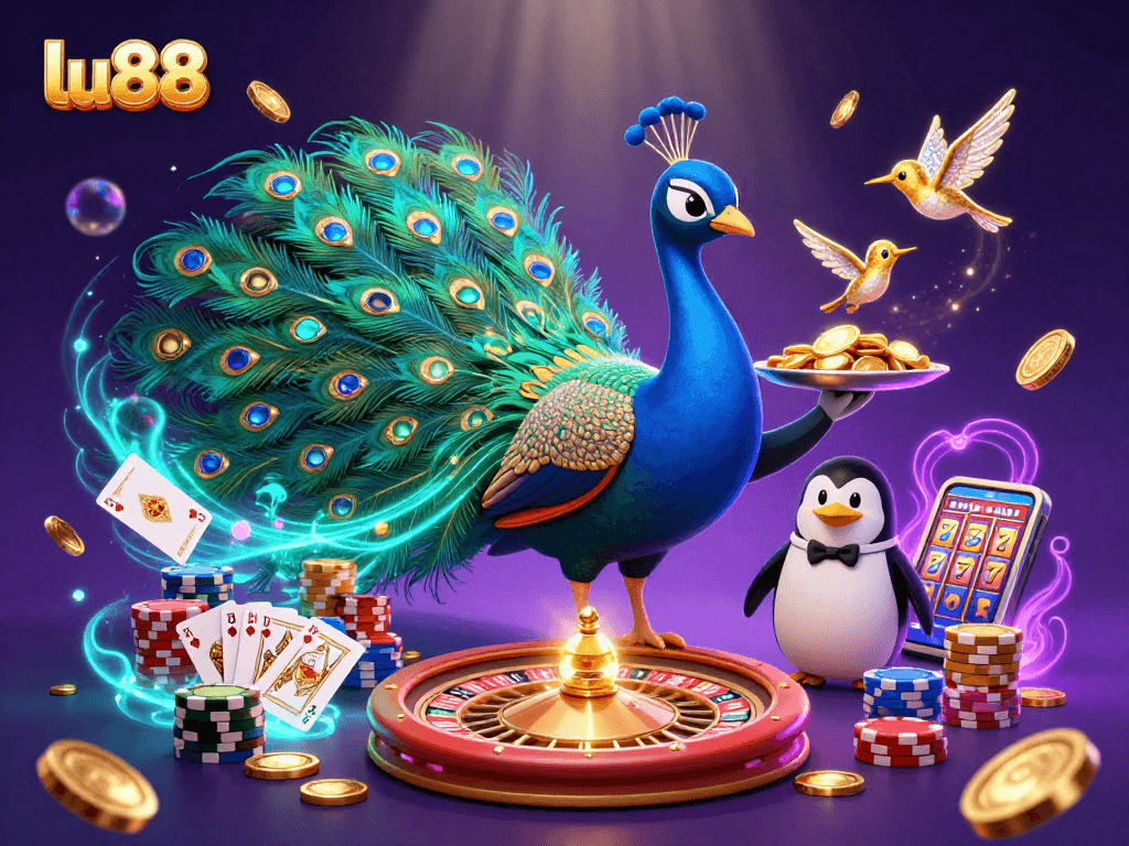 Win big at lu88 with an extravagant peacock, golden coins, and colorful chips in a vibrant casino scene.