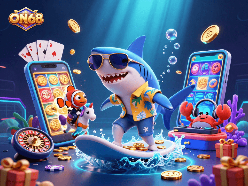 Experience ON68's thrilling gaming adventure with vibrant characters surfing on waves of gold coins.