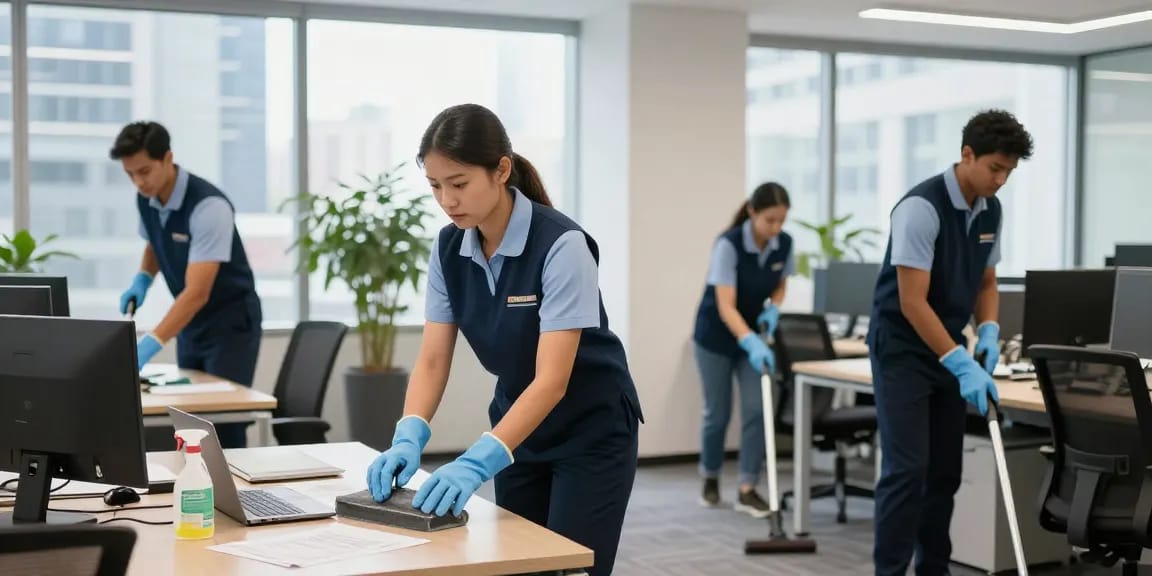 Professionelle Gebäudereinigung Düsseldorf in einem modernen Büro mit einem Team, das effizient reinigt.