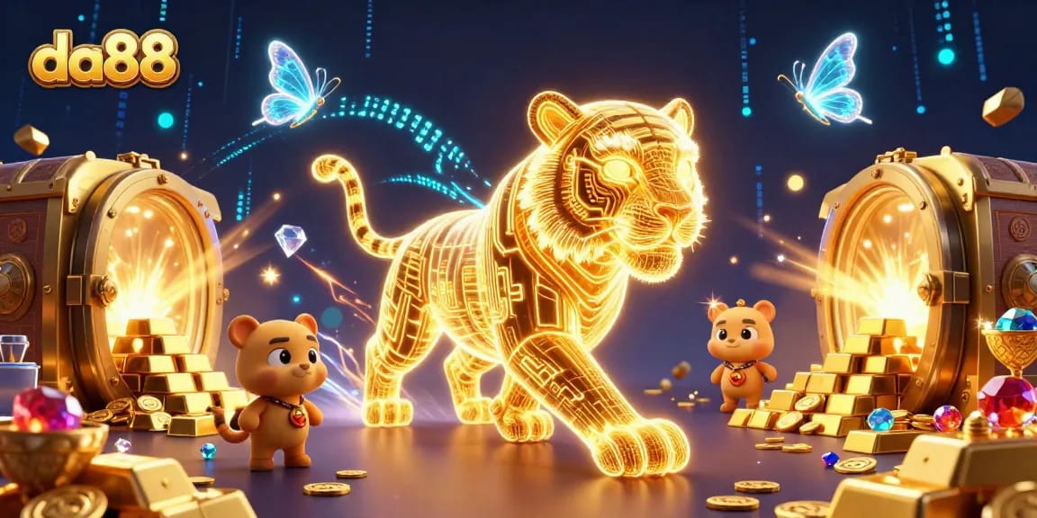 Experience gaming excitement at da88 with a vibrant 3D casino scene featuring a glowing tiger and treasure.