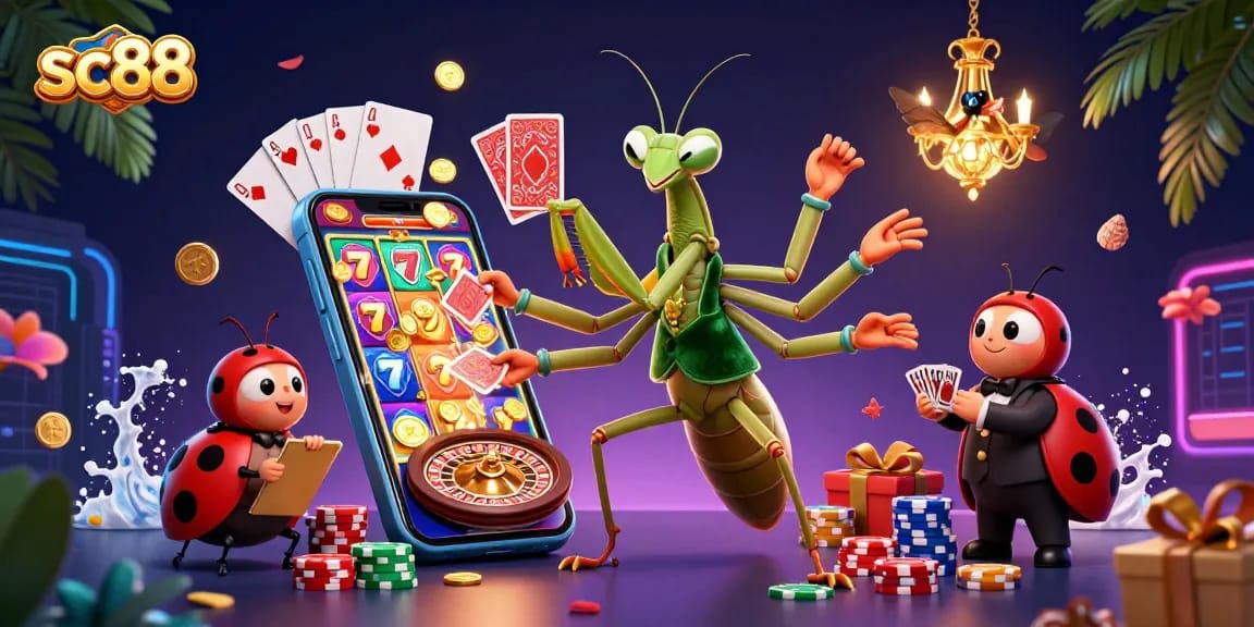 Engaging scene of sc88 with a giant praying mantis and ladybug pit boss amid a vibrant casino setting