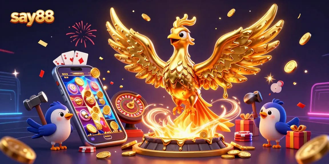 Spinning slot game action featuring say88, where golden coins and vibrant game elements create excitement.