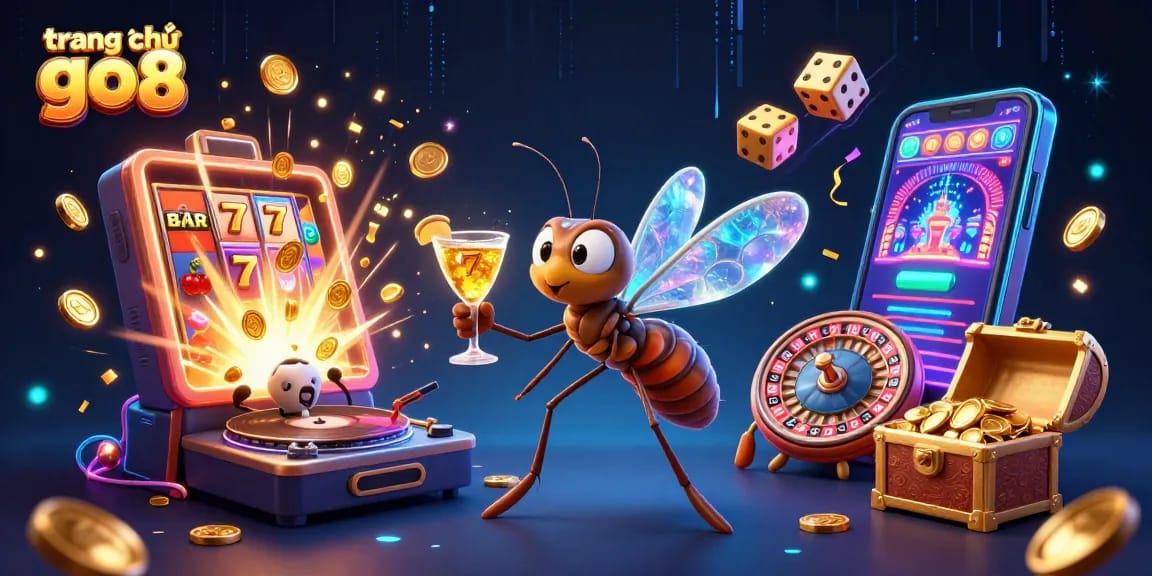 Engage with the dynamic scene of trang chủ go8 featuring a mosquito mascot and thrilling casino elements.