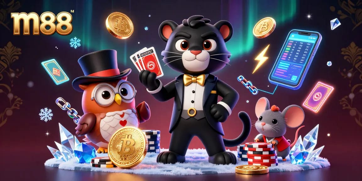 M88 players engaging with vibrant casino scene, featuring characters and crypto elements in an exciting atmosphere.