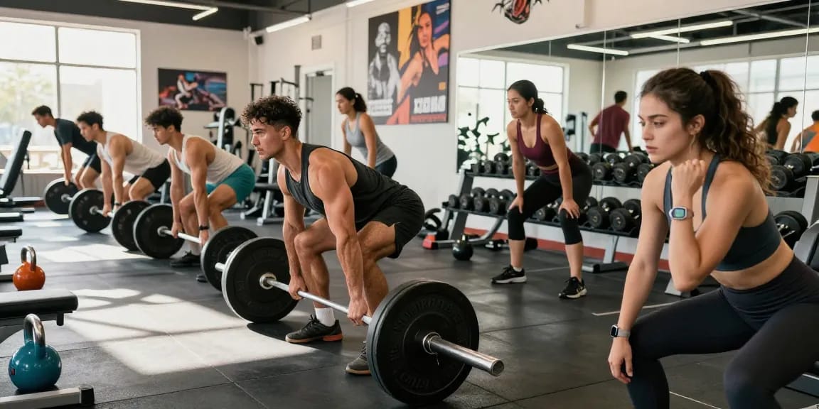 Aktive Athleten im Selliza Shop Fitnessstudio, zeigen mit Krafttraining und digitaler Uhr ihre Fitness.