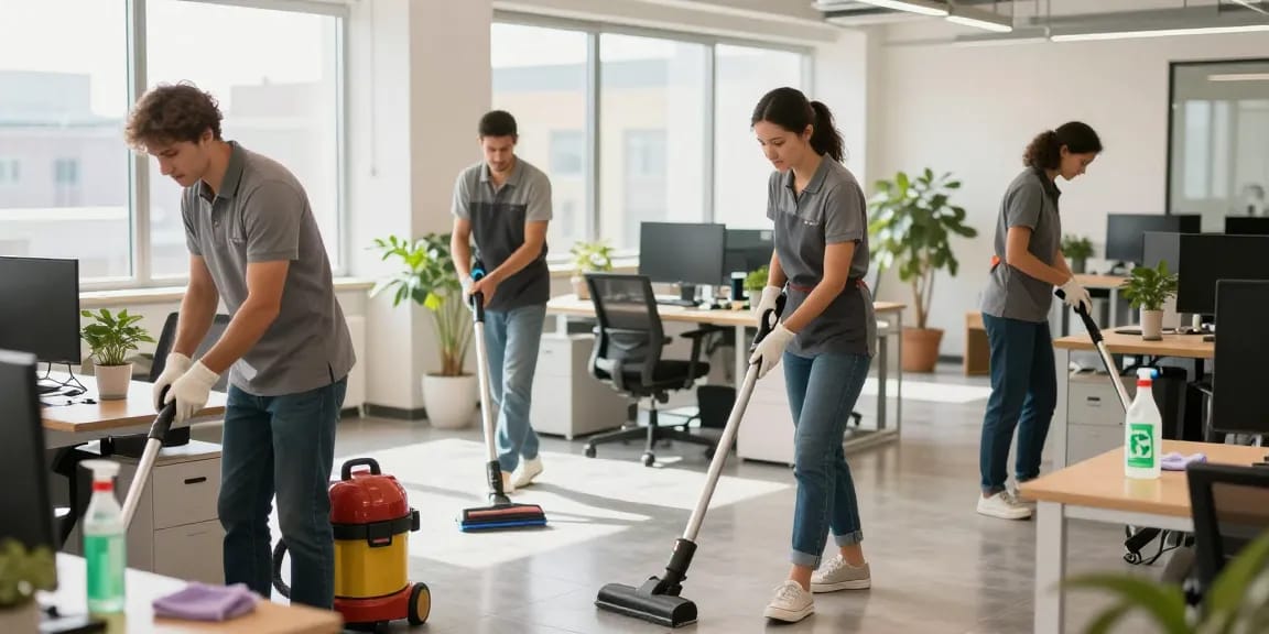 Unterhaltsreinigung Hannover: Professionelles Reinigungsteam bei der Büroreinigung in modernem Büro mit natürlichem Licht und einem sauberen Arbeitsumfeld.