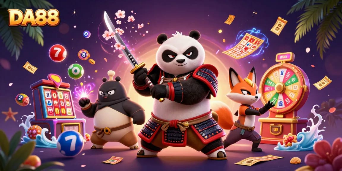 Engage with DA88's vibrant lottery scene featuring enchanting characters surrounded by dynamic gaming elements.