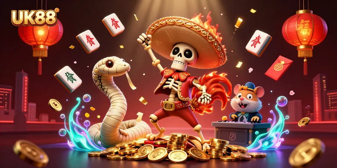 Experience excitement with UK88's vibrant casino scene featuring lively characters and gold treasures.