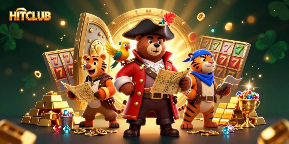 Engage in thrilling play at HITCLUB, where cartoon pirate characters explore riches amidst sparkling slot reels.