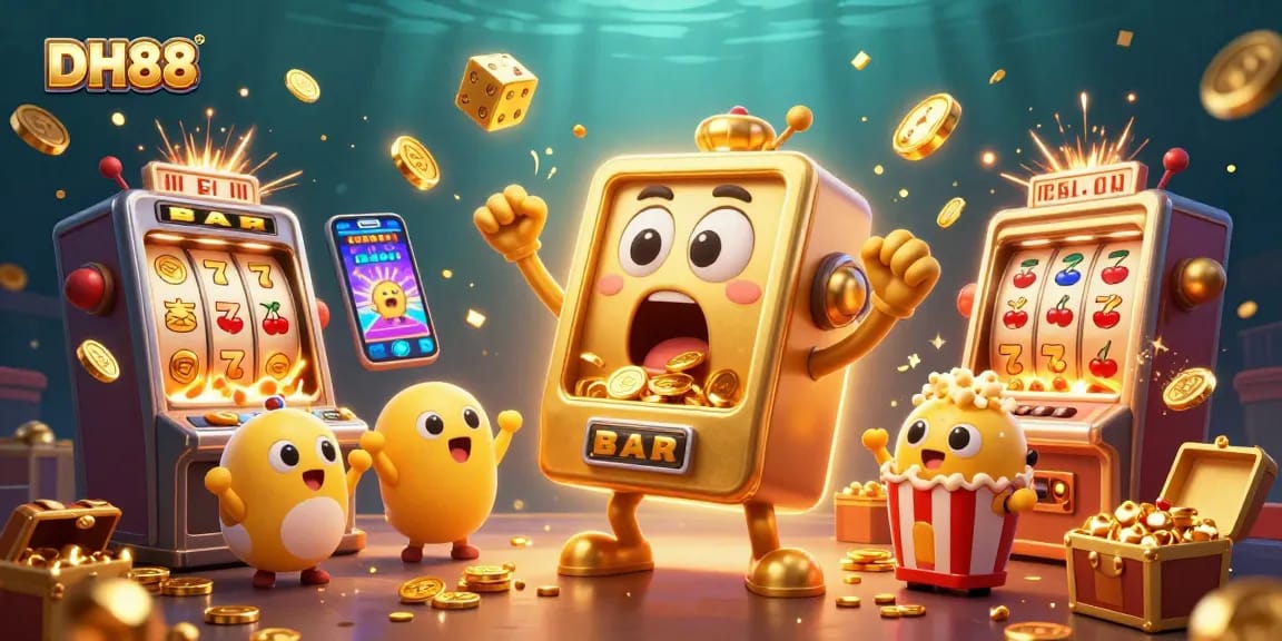Experience the thrill of DH88 as golden slot machines celebrate a jackpot explosion with vibrant casino elements.