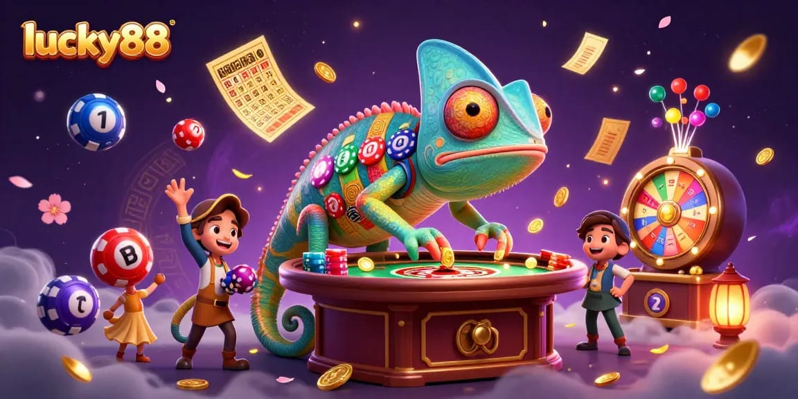 Experience the excitement of lucky88 with a vibrant casino scene featuring dynamic lottery elements and a chameleon casino owner.