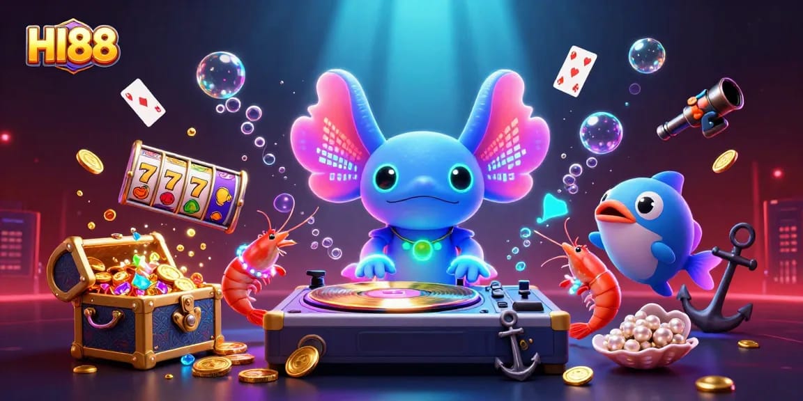 HI88 engages players in vibrant underwater slots with neon DJ and energetic characters.
