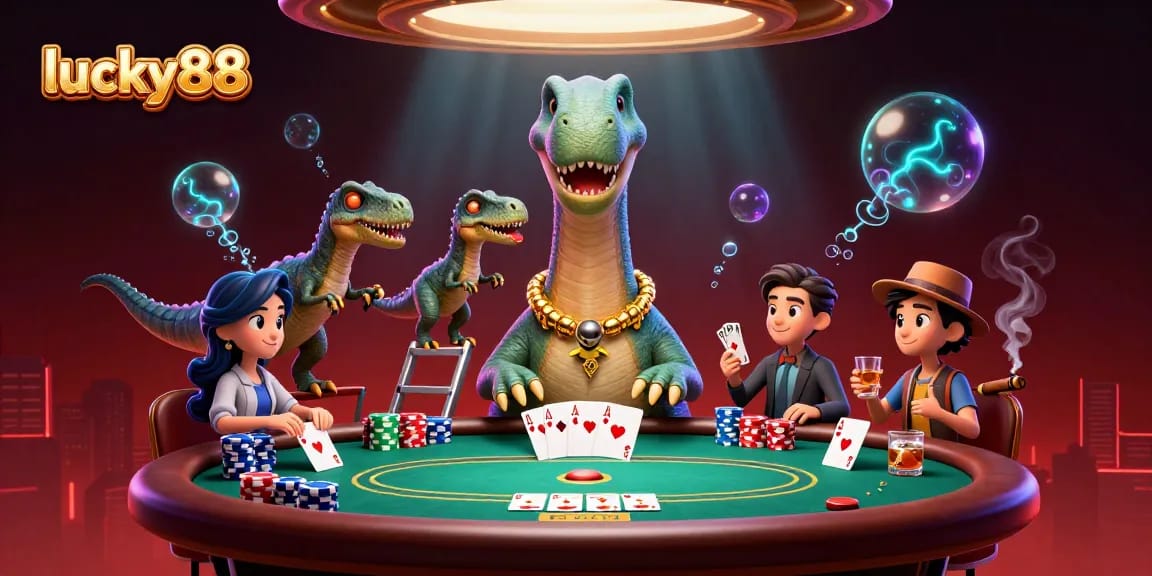 Players enjoy an exciting game of poker at lucky88 casino with a whimsical dinosaur theme.