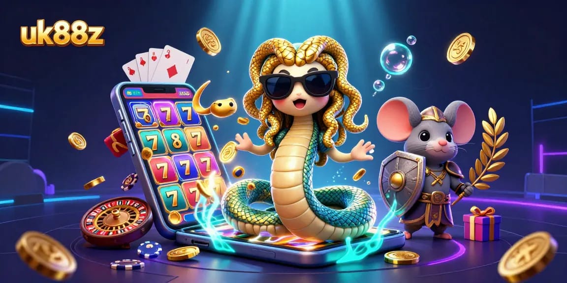 Experience thrilling gameplay with UK88Z's vibrant 3D casino scene featuring classic slots and lively characters.