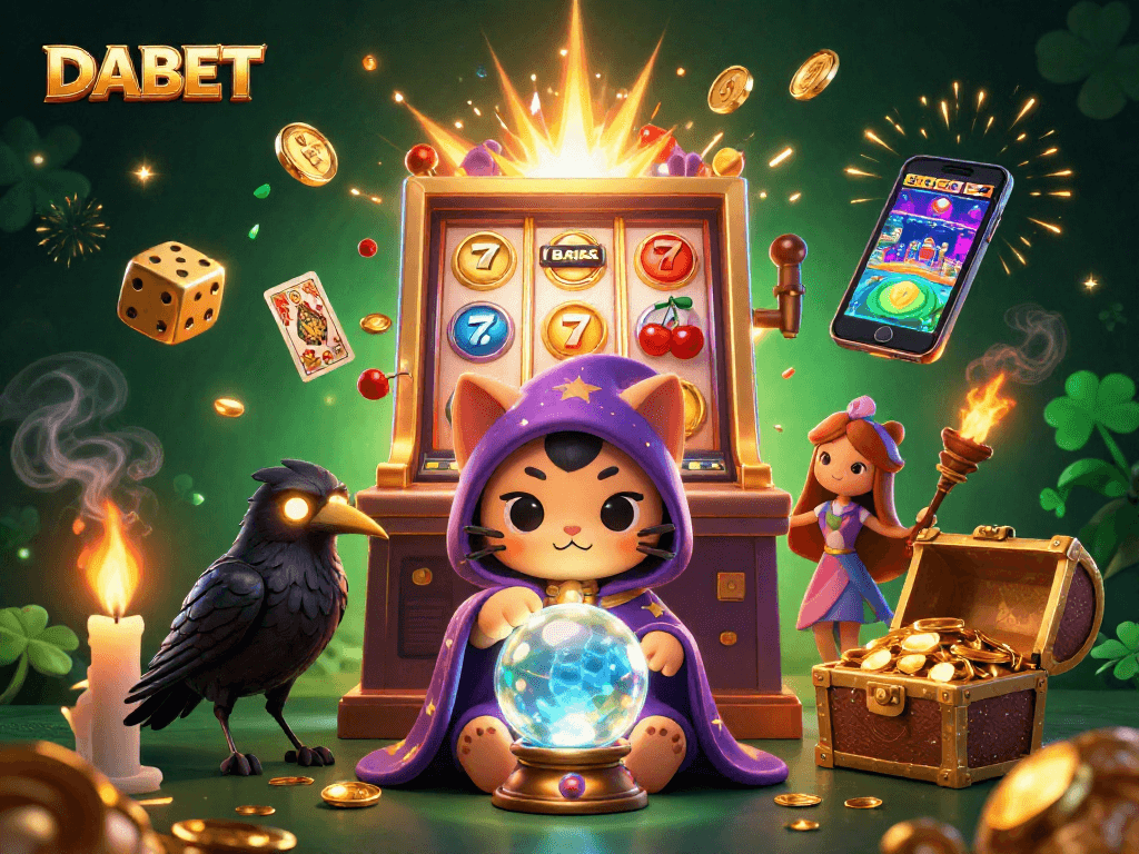 DABET engages players with a vibrant 3D casino illustration showcasing dynamic slot game excitement and magical characters.
