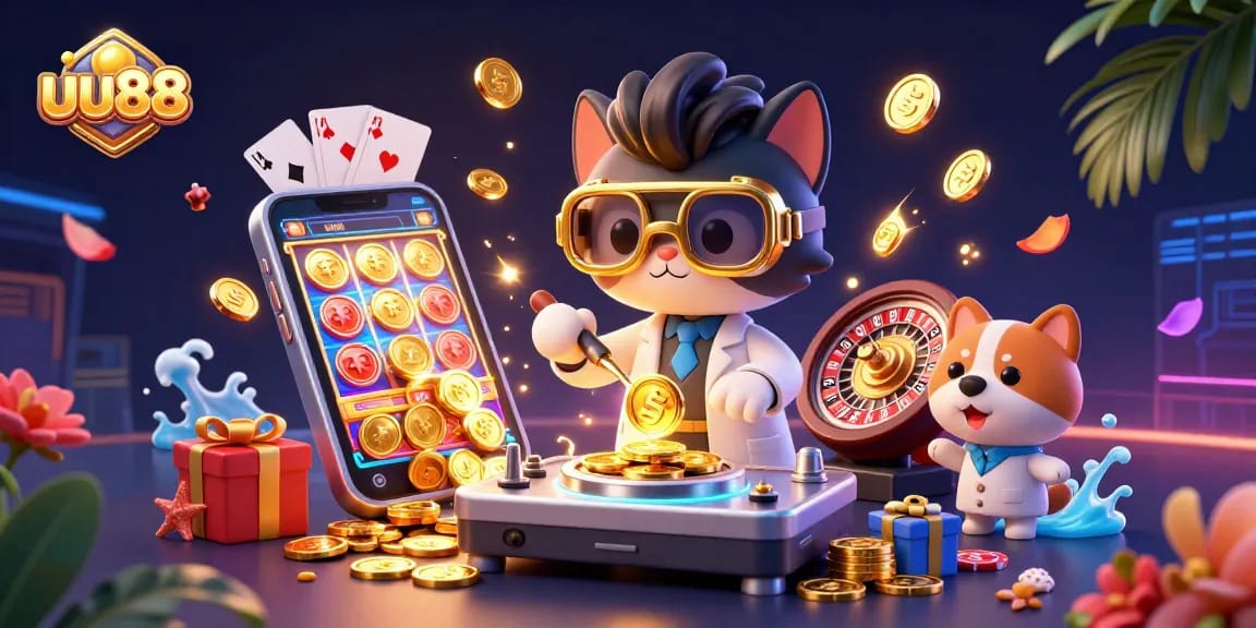 Engage with thrilling slots at uu88, featuring a vibrant scene of a mad scientist and gaming elements.