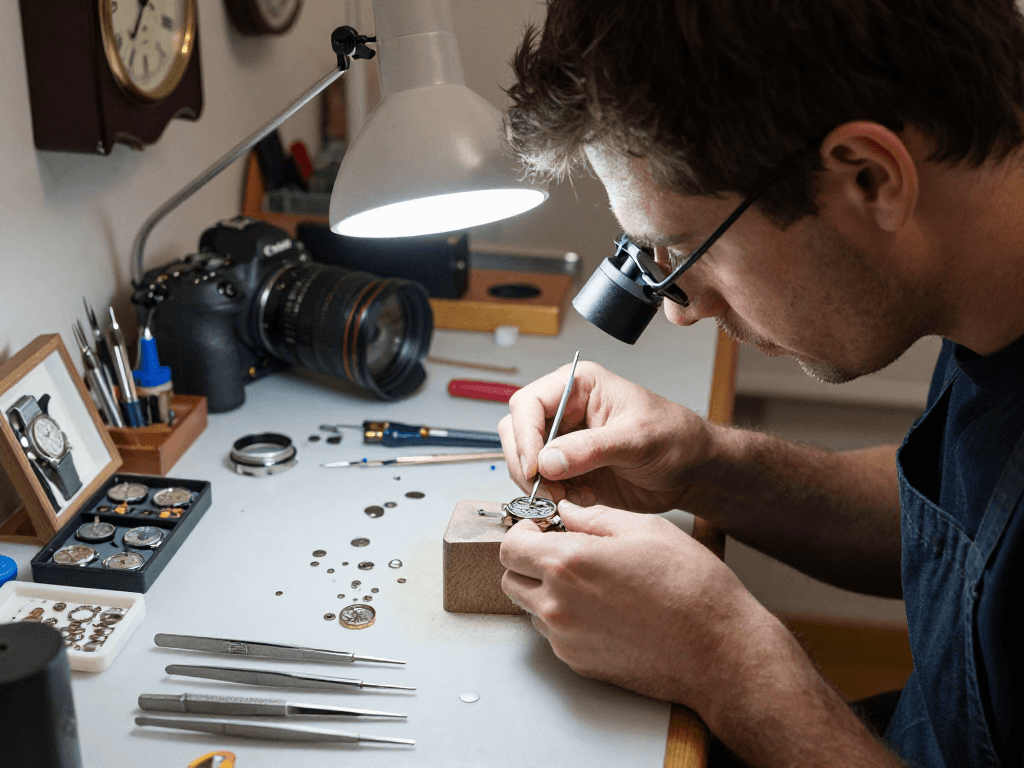 Expert watchmaker assembling 2235 movement parts in a cozy workshop.