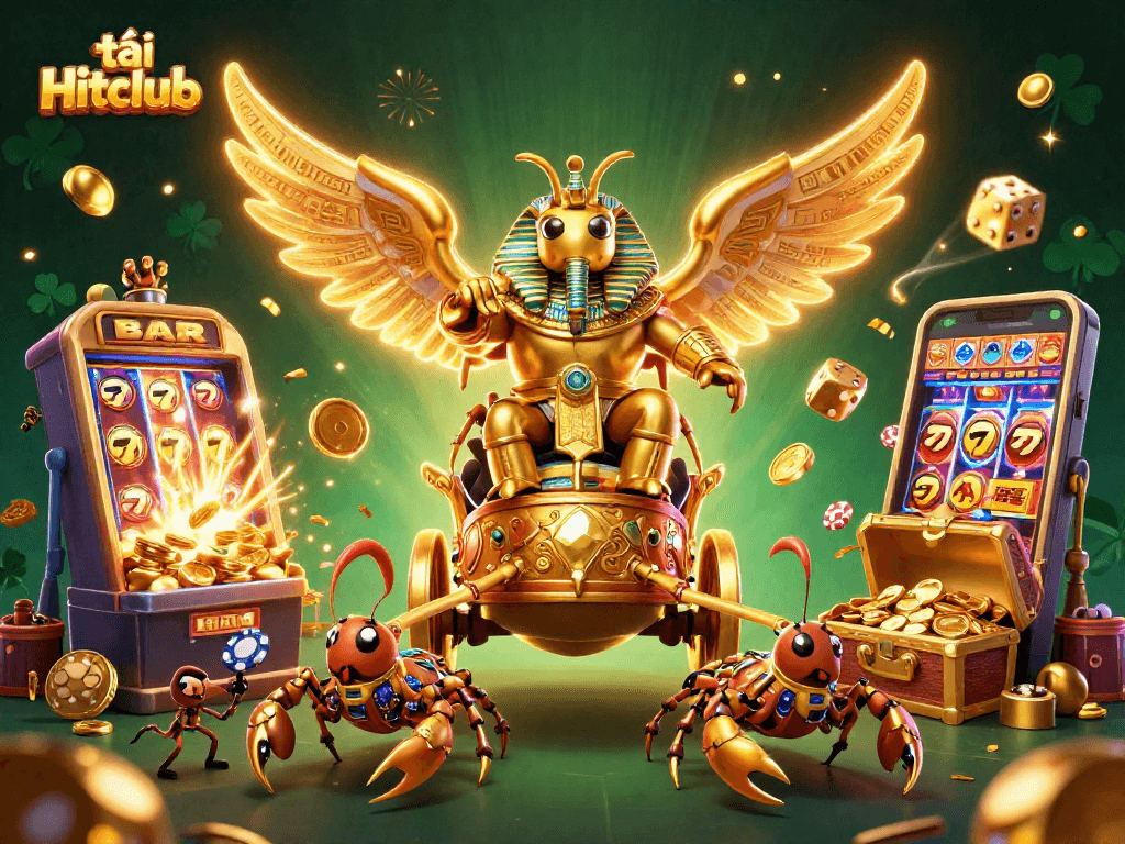 Engage in thrilling gameplay with tải Hitclub – a vibrant scene of a golden scarab and scorpions at a lively casino.