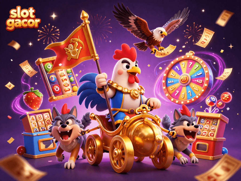 Experience slot gacor excitement with a vibrant 3D casino illustration featuring a rooster warlord and jackpot elements.