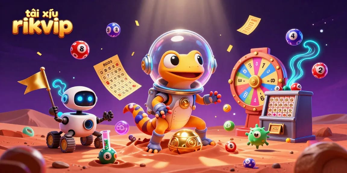Engage in dynamic gaming with tài xỉu rikvip featuring a Martian gecko uncovering a golden casino.