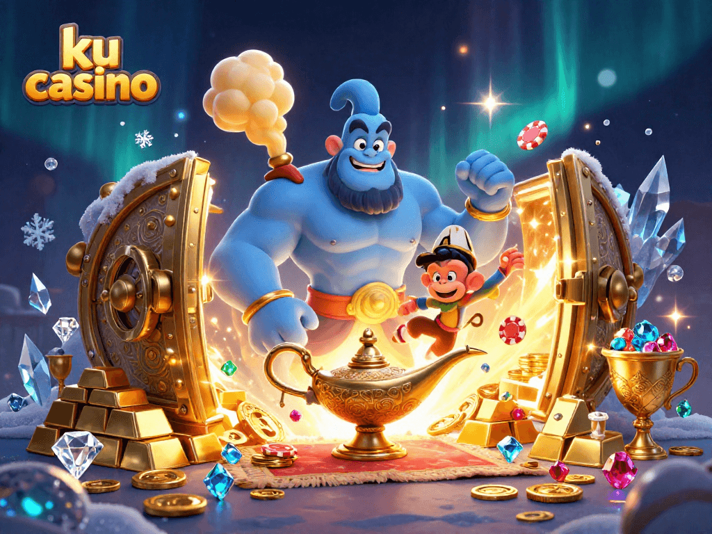 Experience the vibrant world of ku casino with a magical 3D genie, treasure elements, and animated gaming excitement.