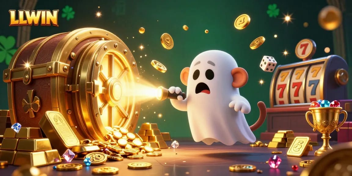 LLWIN showcases a magical casino scene where a mischievous monkey juggles golden treasures amidst dazzling games.