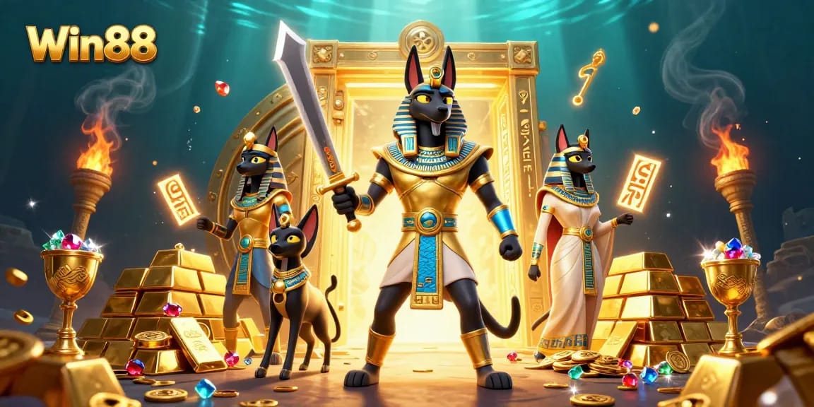 Win88 showcases golden treasures and ancient Egyptian warriors in this captivating casino scene.